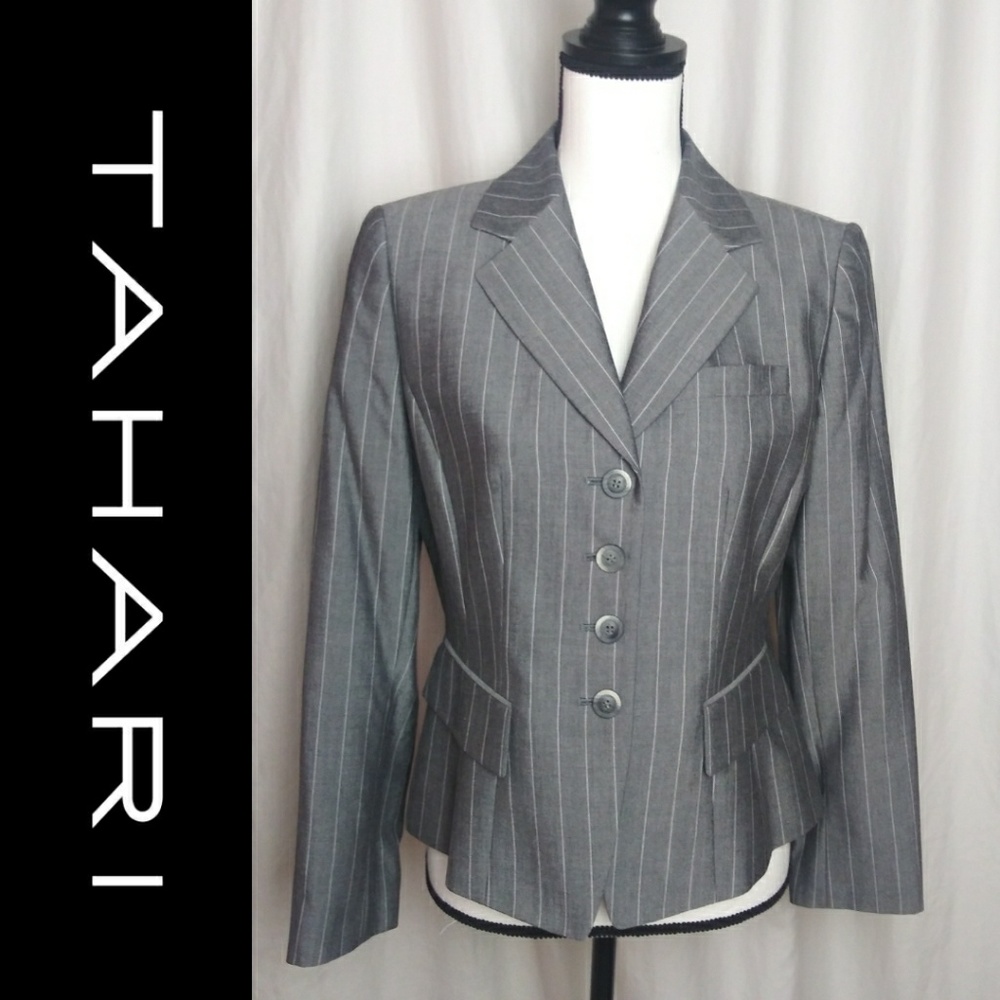 Tahari Petite 8P Gray White Striped Blazer
